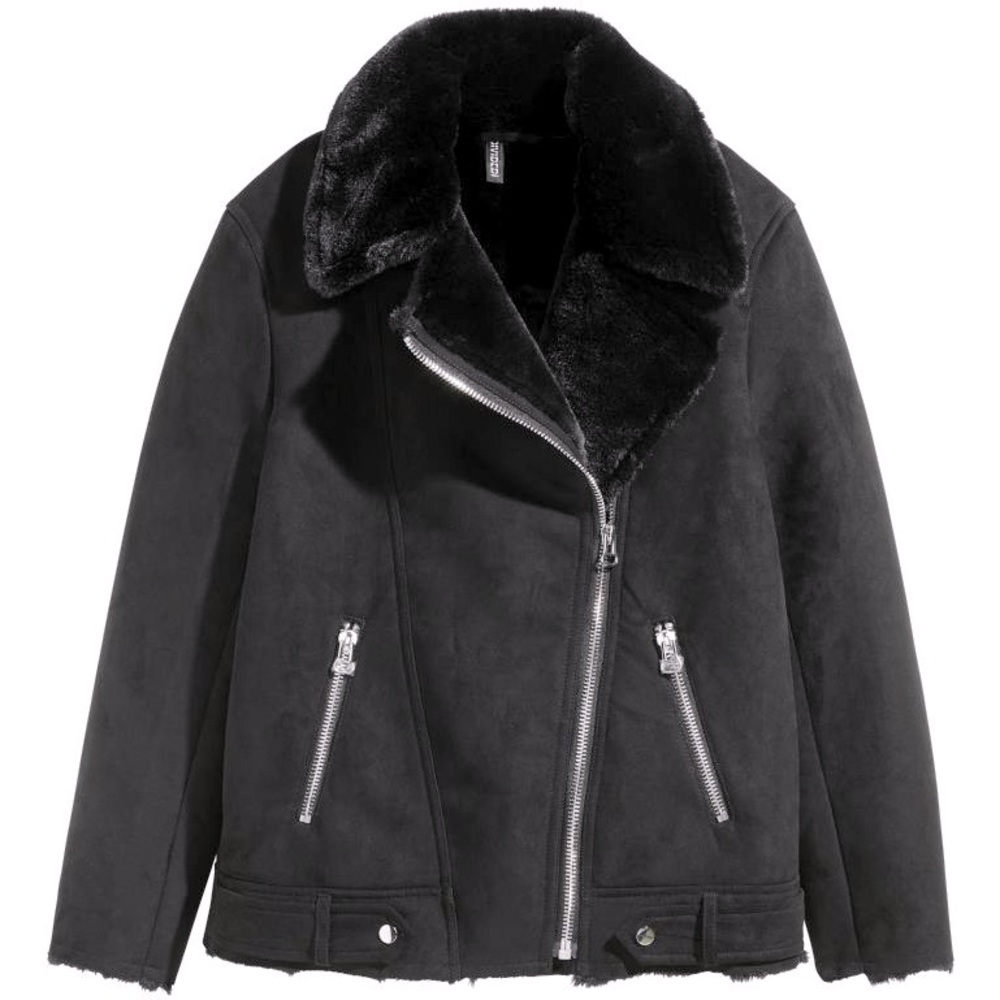 H&M DIVIDED Biker black suede fur jacket pockets SIZE 6 women’s fluffy soft
